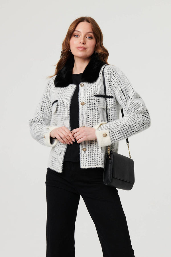 Black | Checked Faux Fur Long Sleeve Jacket
