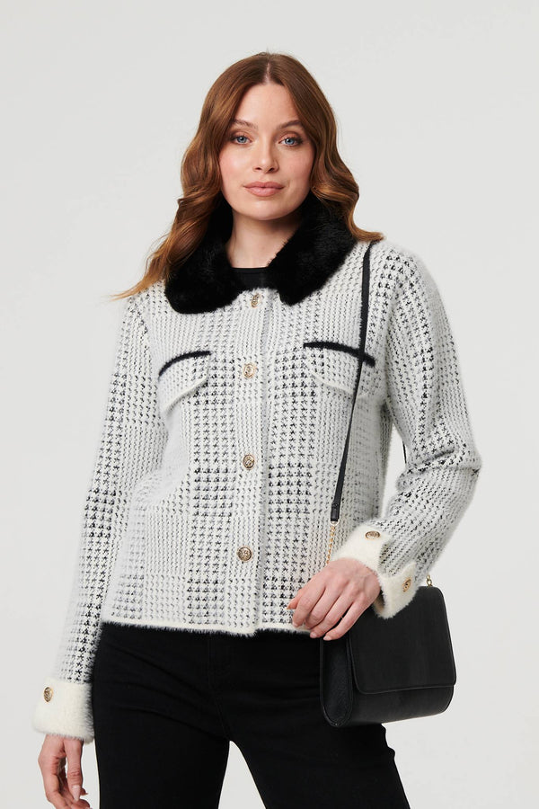 Black | Checked Faux Fur Long Sleeve Jacket
