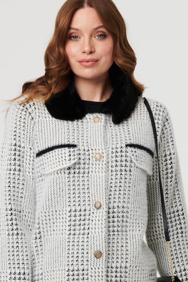 Black | Checked Faux Fur Long Sleeve Jacket
