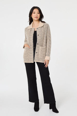 Beige | Chevron Texture Faux Fur Boxy Jacket
