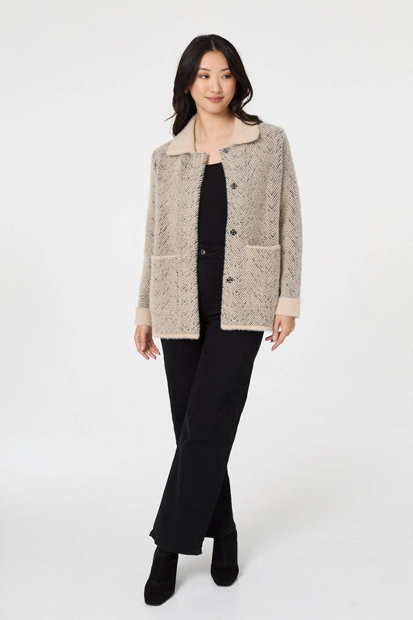 Beige | Chevron Texture Faux Fur Boxy Jacket
