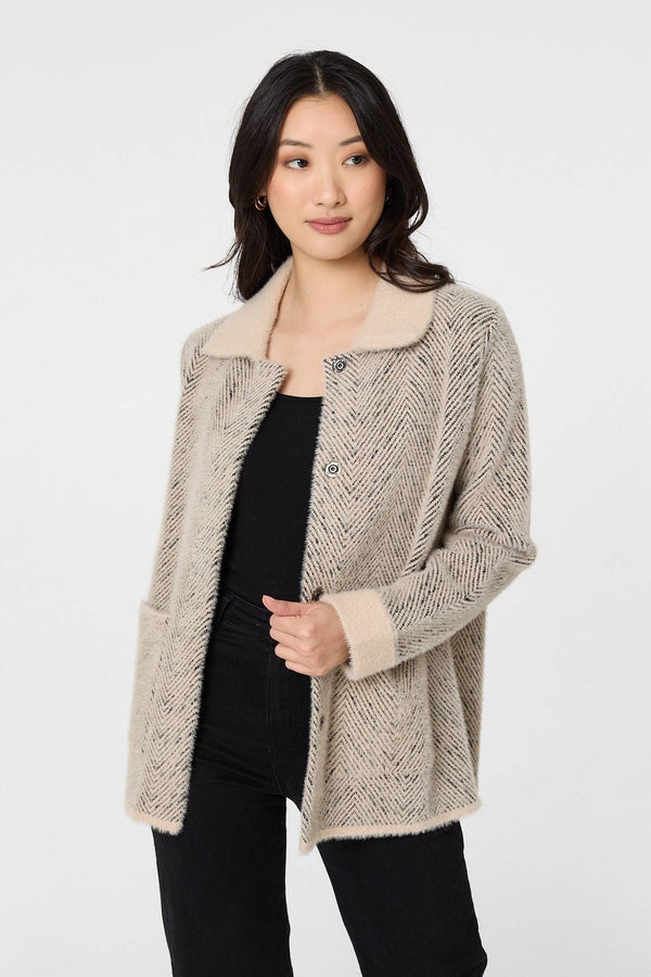 Beige | Chevron Texture Faux Fur Boxy Jacket
