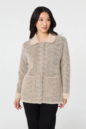 Beige | Chevron Texture Faux Fur Boxy Jacket
