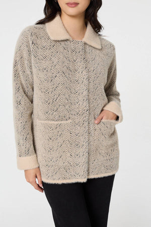 Beige | Chevron Texture Faux Fur Boxy Jacket
