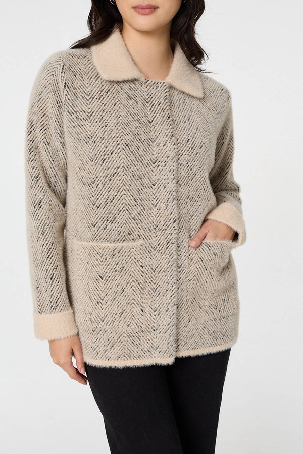 Beige | Chevron Texture Faux Fur Boxy Jacket

