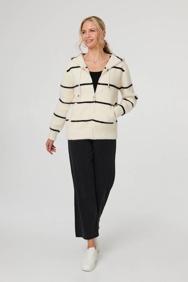 White | Stripe Print Textured Hooded Jacket

