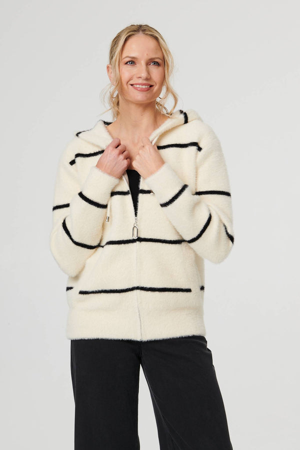White | Stripe Print Textured Hooded Jacket

