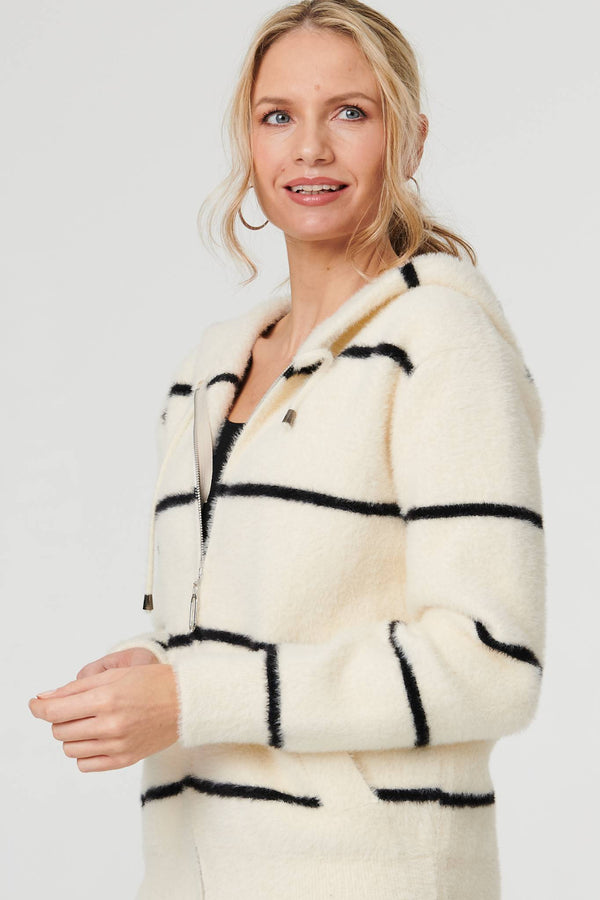 White | Stripe Print Textured Hooded Jacket
