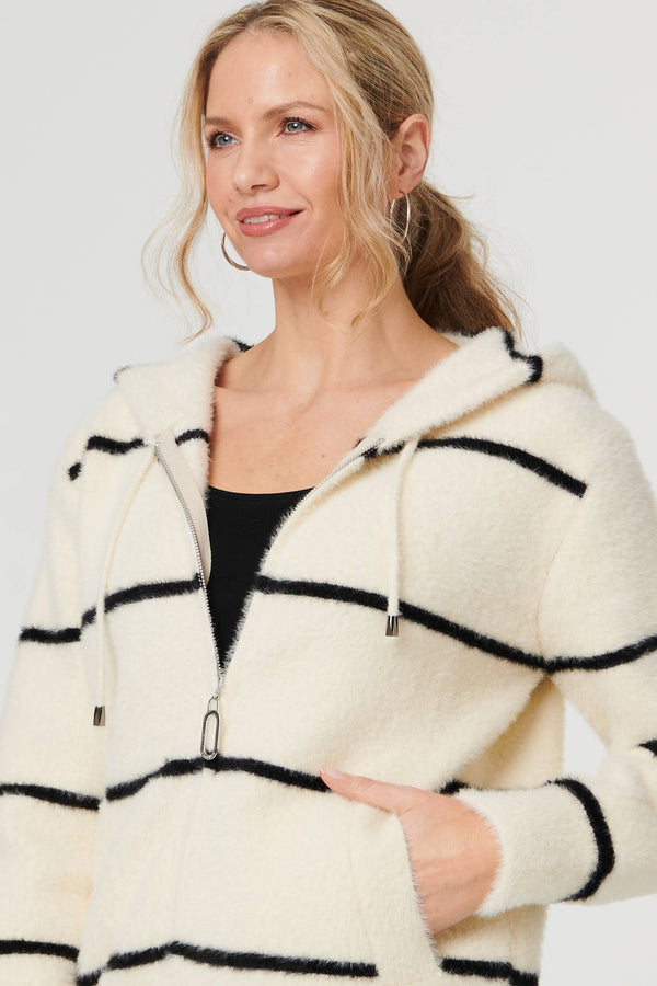 White | Stripe Print Textured Hooded Jacket
