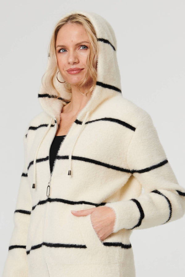 White | Stripe Print Textured Hooded Jacket
