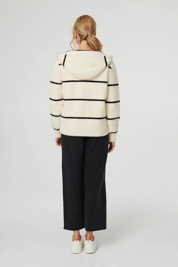 White | Stripe Print Textured Hooded Jacket
