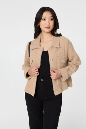 Beige | Textured Button Front Boxy Shacket
