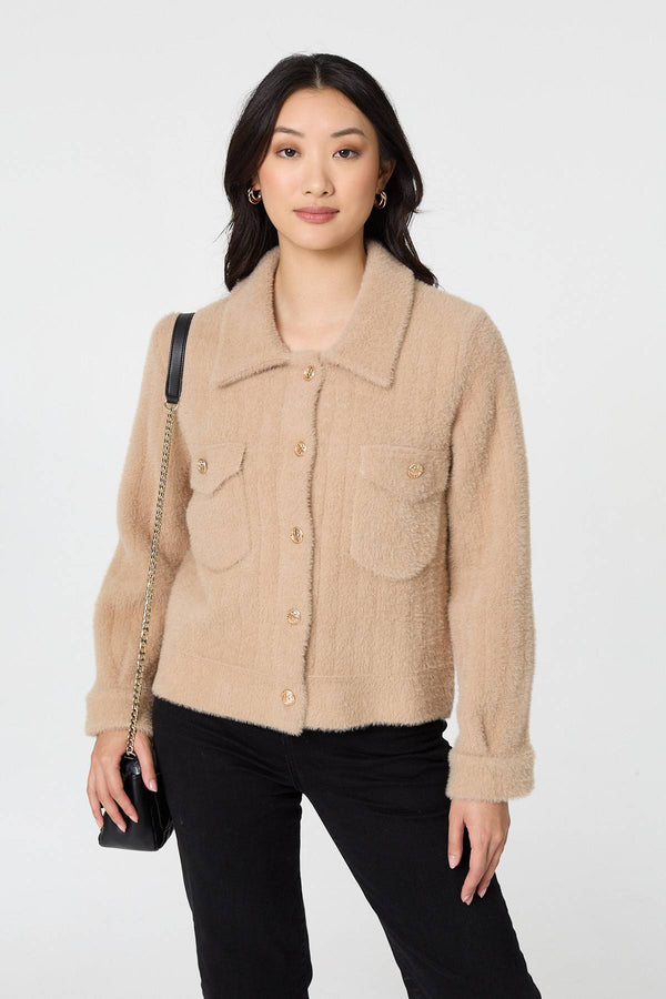 Beige | Textured Button Front Boxy Shacket
