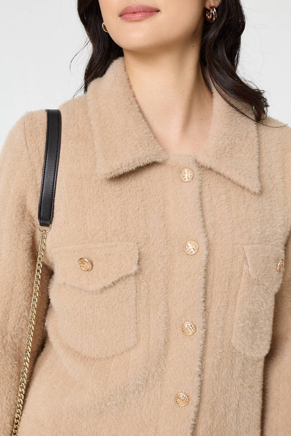 Beige | Textured Button Front Boxy Shacket
