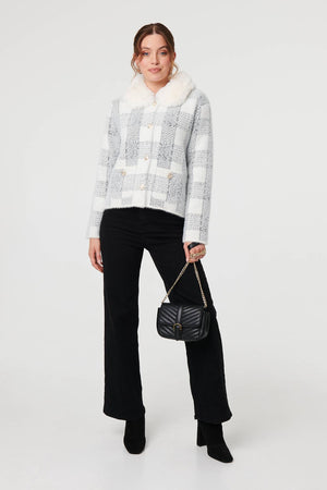 White | Checked Faux Fur Collar Boxy Jacket
