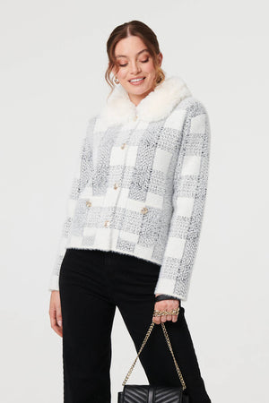 White | Checked Faux Fur Collar Boxy Jacket
