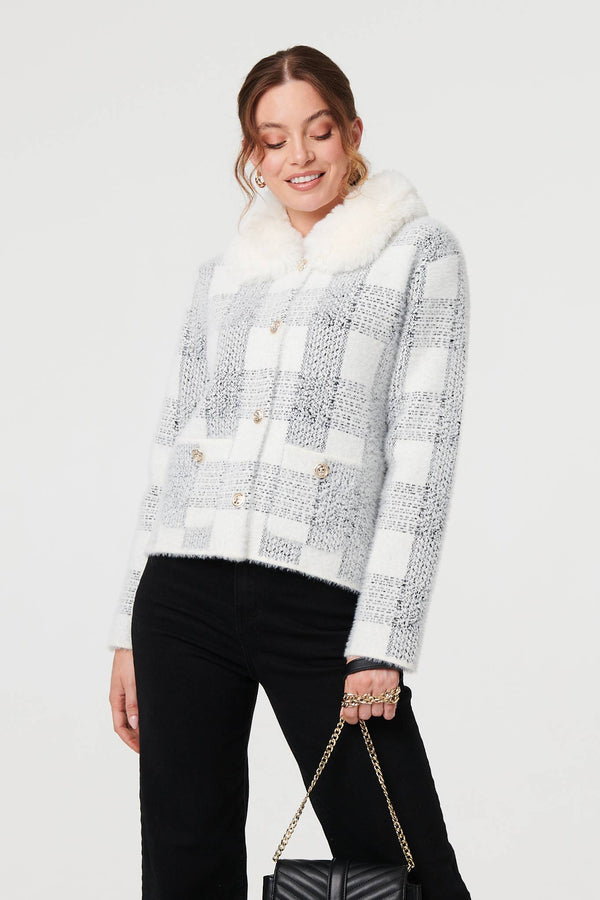 White | Checked Faux Fur Collar Boxy Jacket
