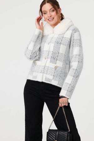 White | Checked Faux Fur Collar Boxy Jacket
