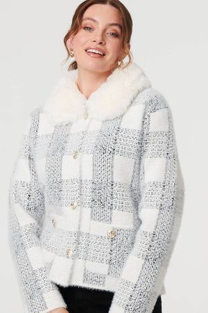 White | Checked Faux Fur Collar Boxy Jacket
