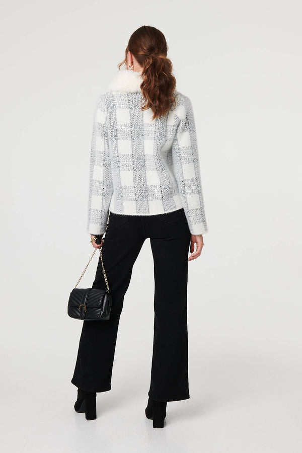 White | Checked Faux Fur Collar Boxy Jacket
