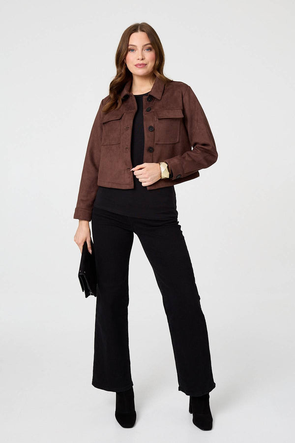 Brown | Faux Suede Cropped Boxy Jacket
