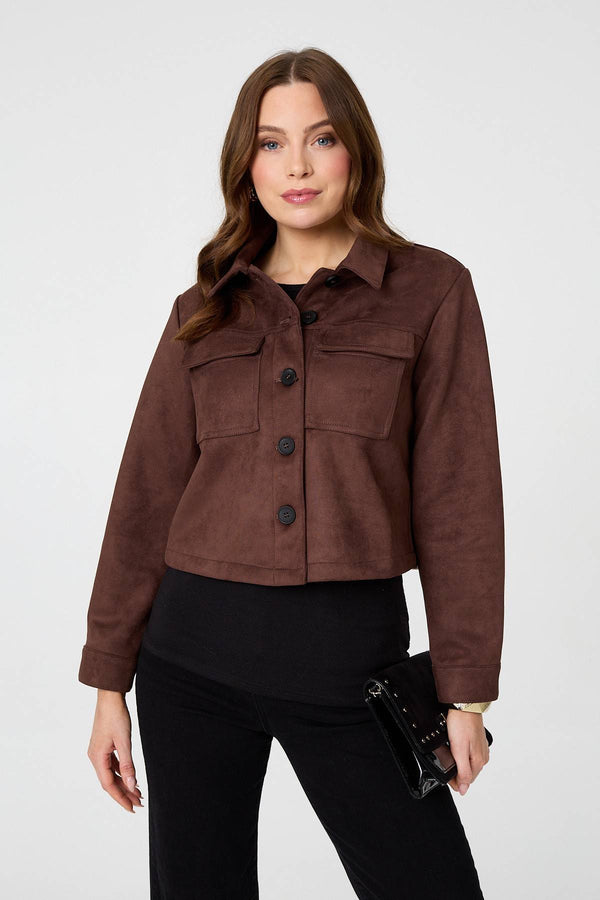 Brown | Faux Suede Cropped Boxy Jacket