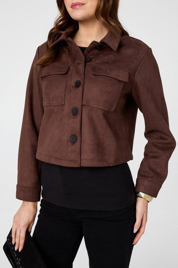 Brown | Faux Suede Cropped Boxy Jacket