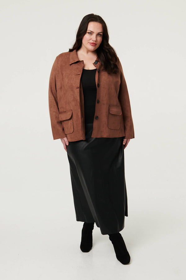 Brown| Curve Faux Suede Button Front Shirt Jacket