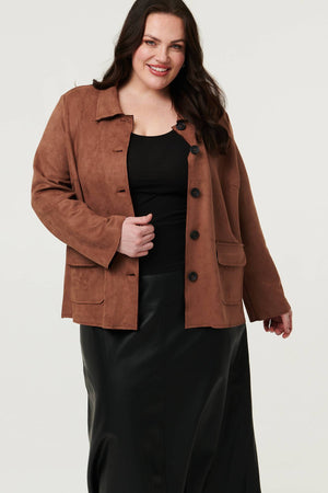 Brown| Curve Faux Suede Button Front Shirt Jacket