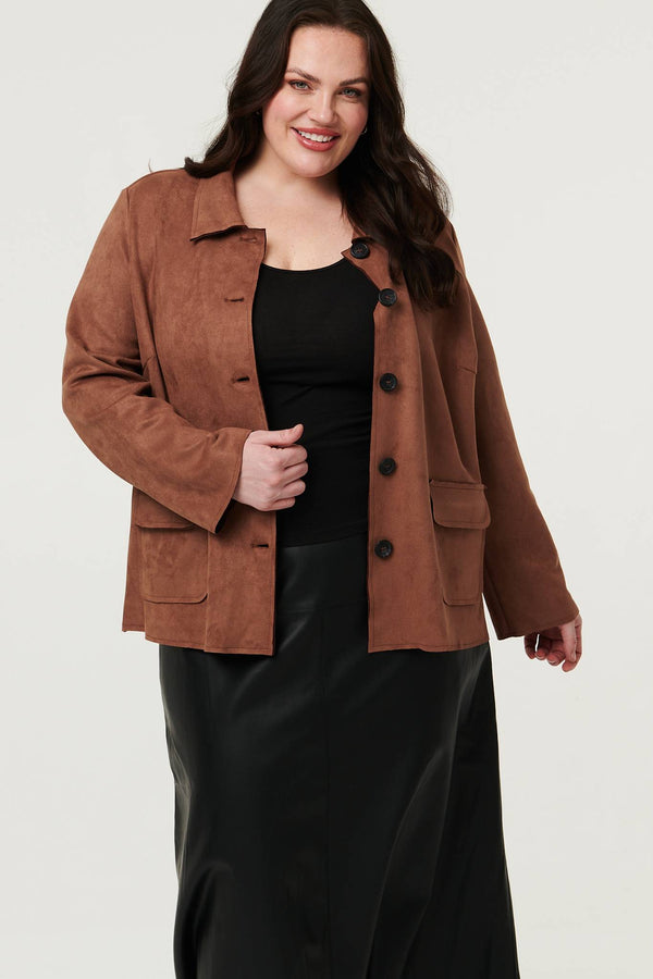 Brown| Curve Faux Suede Button Front Shirt Jacket