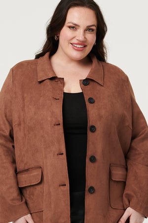 Brown| Curve Faux Suede Button Front Shirt Jacket