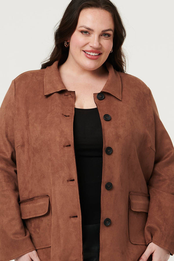 Brown| Curve Faux Suede Button Front Shirt Jacket