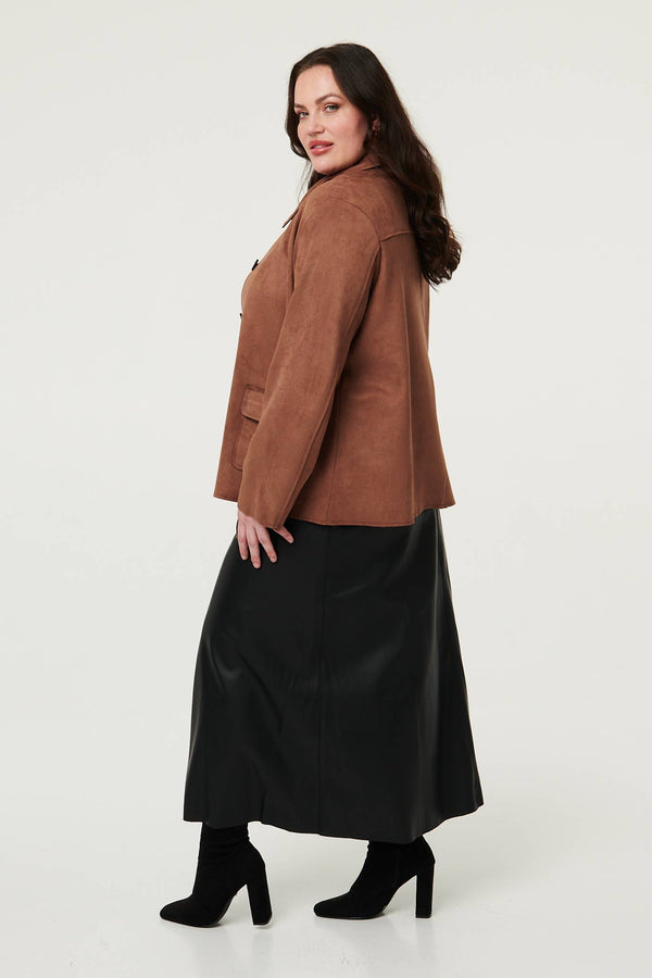 Brown| Curve Faux Suede Button Front Shirt Jacket