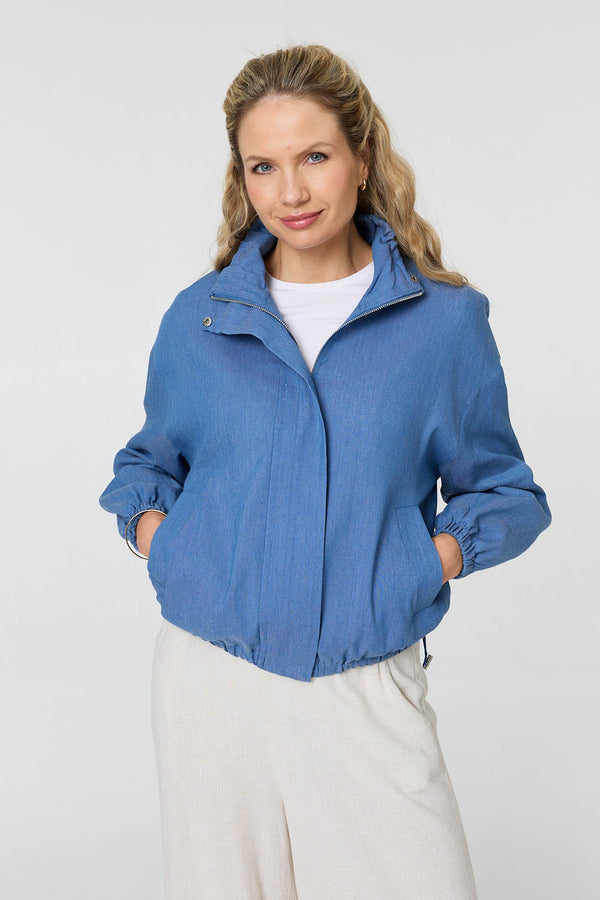 Blue | Relaxed Drawstring High Neck Jacket