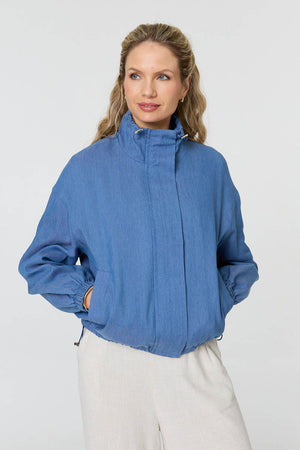 Blue | Relaxed Drawstring High Neck Jacket