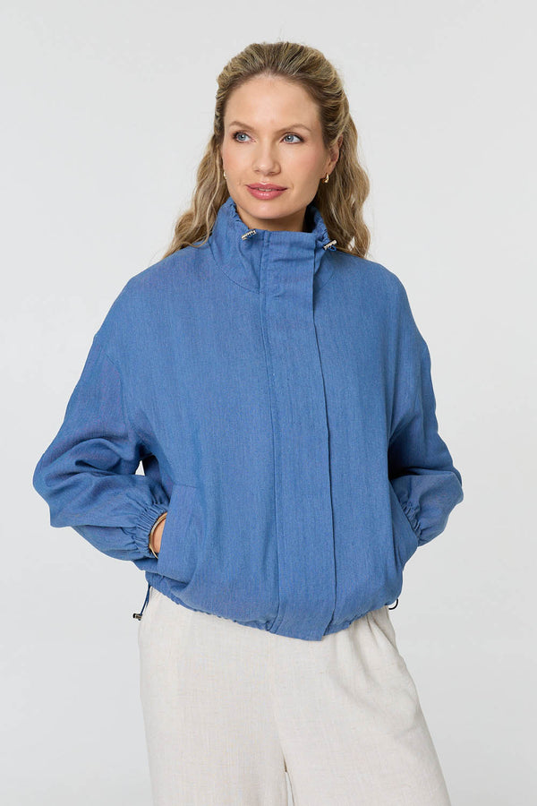 Blue | Relaxed Drawstring High Neck Jacket