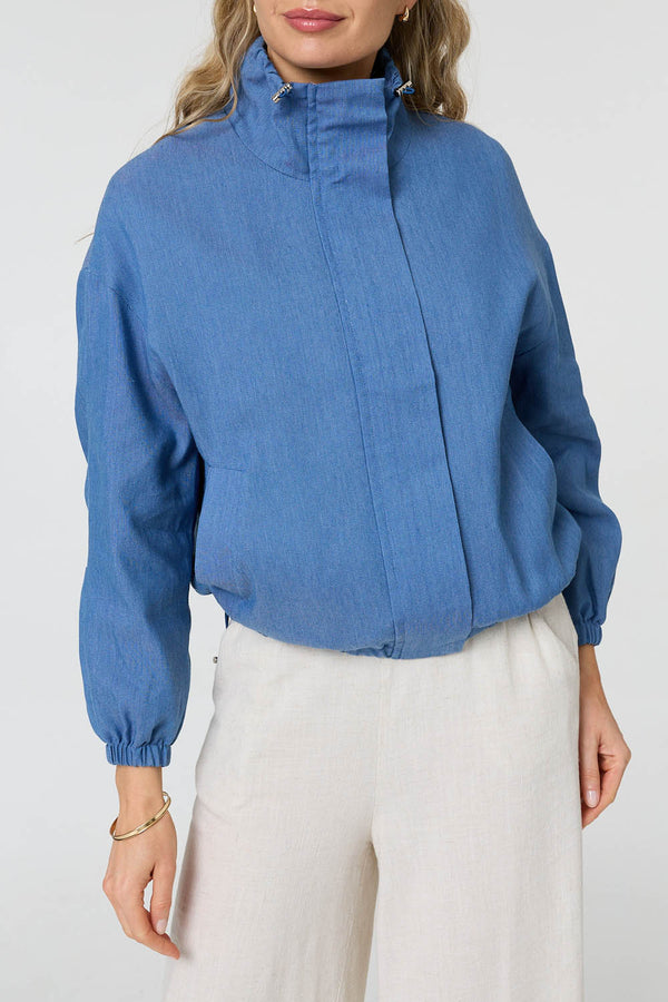 Blue | Relaxed Drawstring High Neck Jacket
