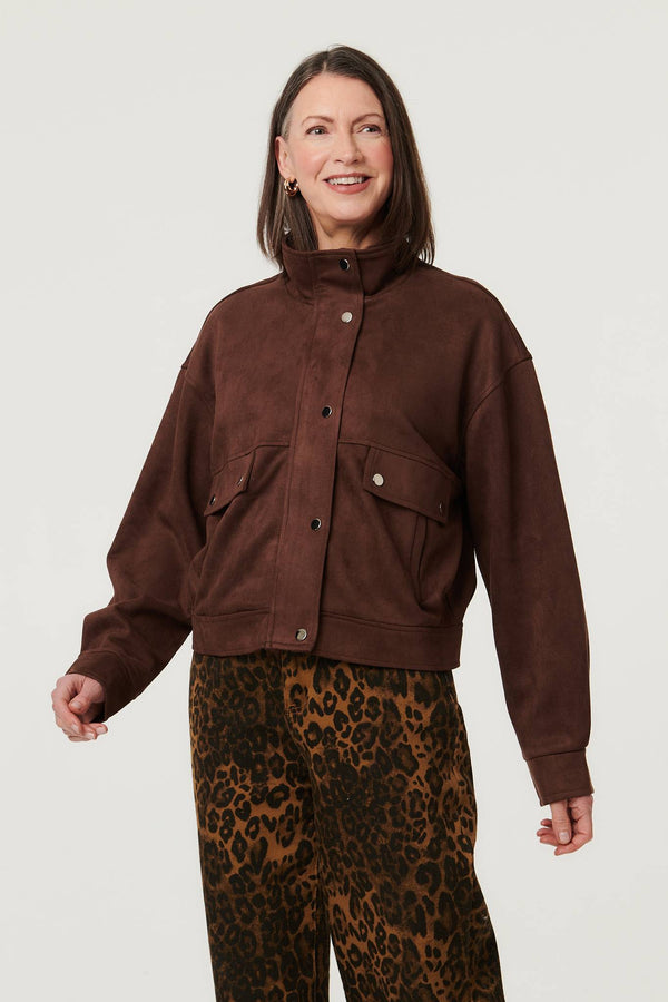Brown | Faux Suede Pocket Front Relaxed Jacket