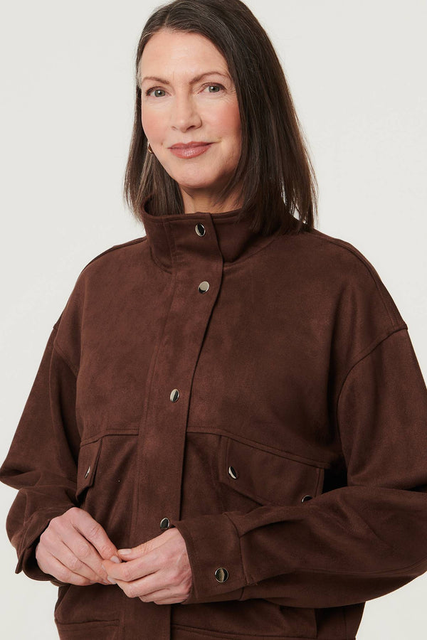 Brown | Faux Suede Pocket Front Relaxed Jacket