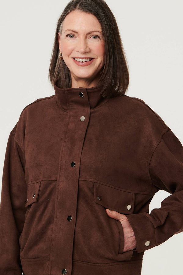 Brown | Faux Suede Pocket Front Relaxed Jacket