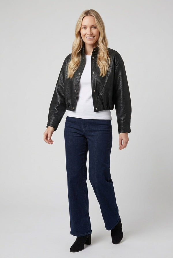 Black | Faux Leather High Neck Cropped Jacket