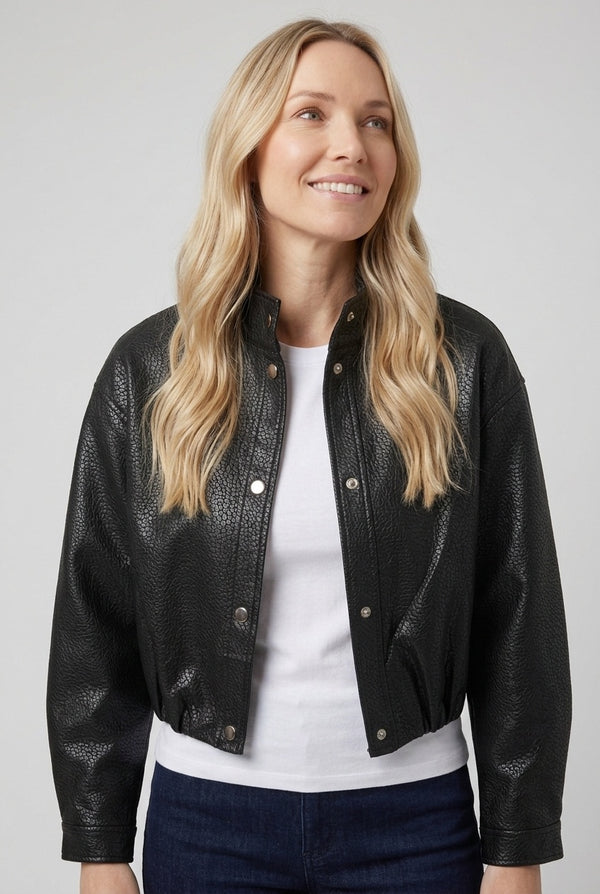 Black | Faux Leather High Neck Cropped Jacket