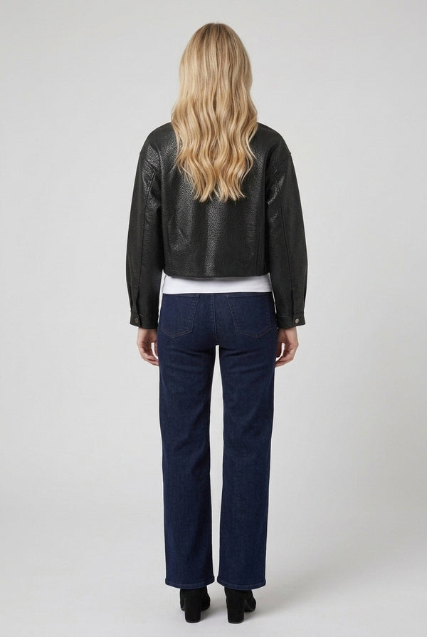 Black | Faux Leather High Neck Cropped Jacket
