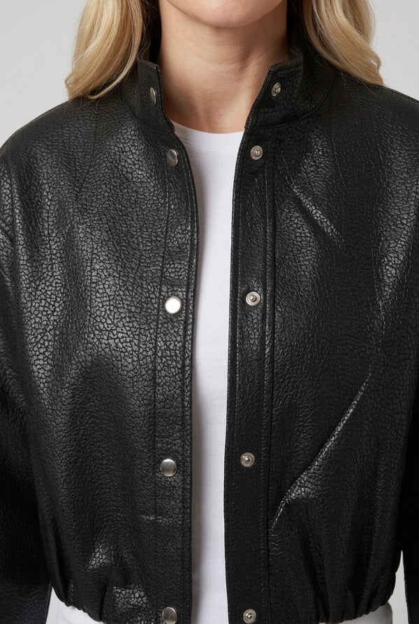 Black | Faux Leather High Neck Cropped Jacket