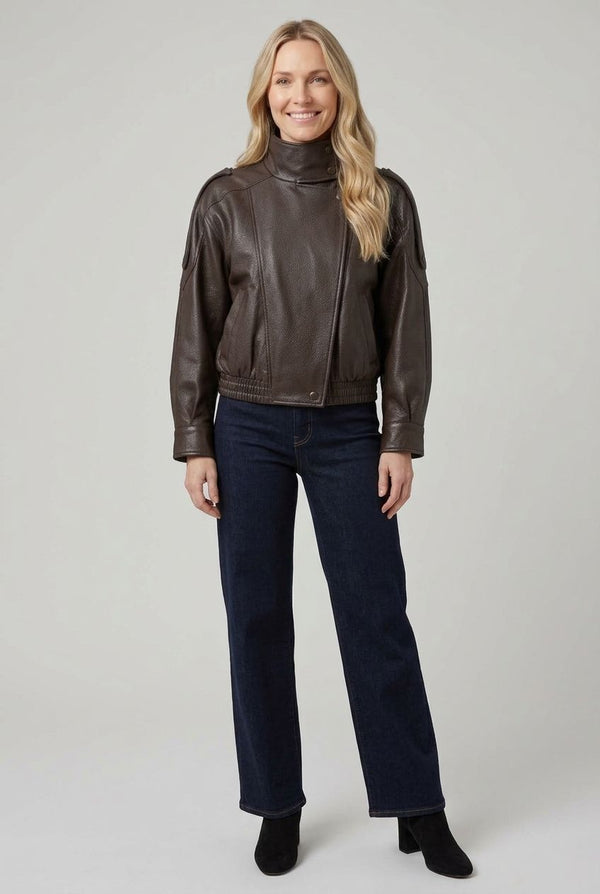 Black | Faux Leather Asymmetric High Neck Jacket