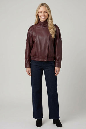 Burgundy | Faux Leather Asymmetric High Neck Jacket : Model is 5'7
