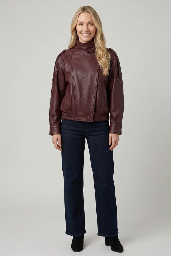 Burgundy | Faux Leather Asymmetric High Neck Jacket