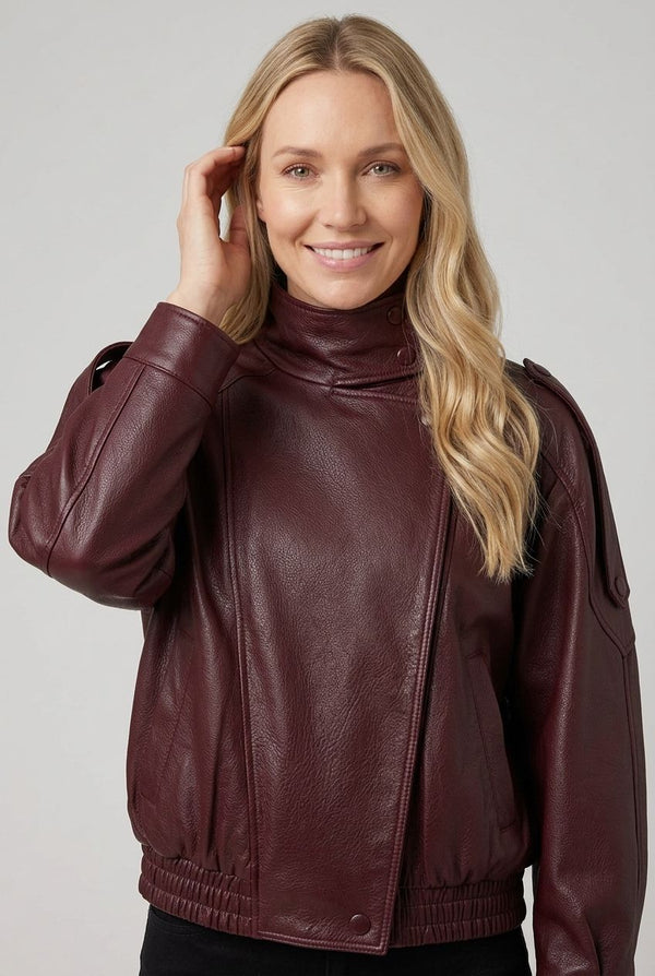 Burgundy | Faux Leather Asymmetric High Neck Jacket