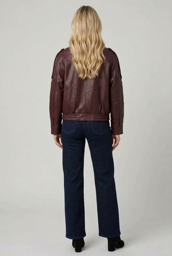Burgundy | Faux Leather Asymmetric High Neck Jacket