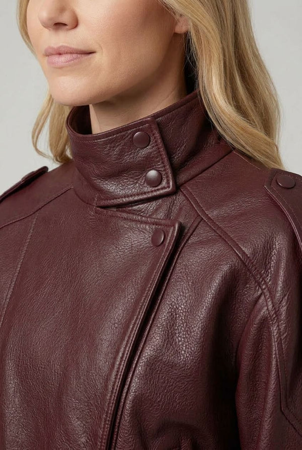 Burgundy | Faux Leather Asymmetric High Neck Jacket